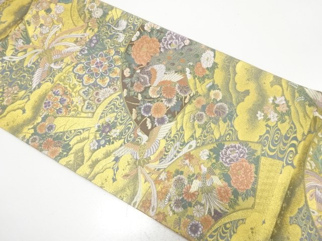 未使用品　未使用品　金糸　地紙に孔雀・鳳凰・草花模様織り出し　袋帯